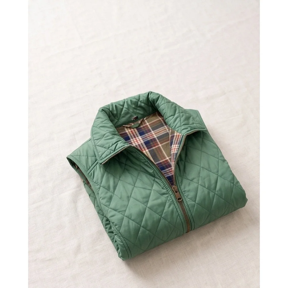 L.L.Bean‎ Quilted Vest Women Small Green Excellent Plaid Lined Corduroy Trim